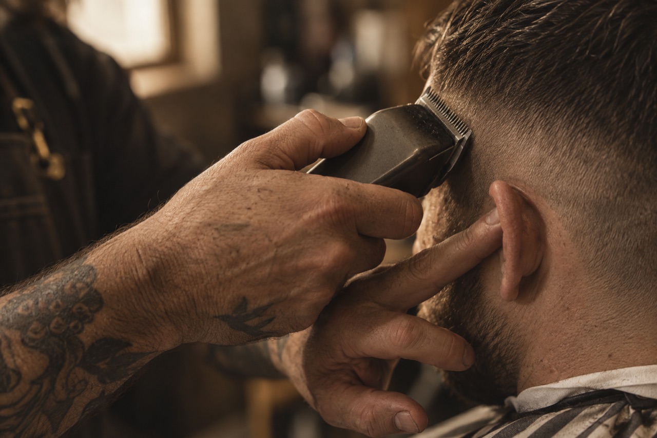 A barber's hands holding clippers against the side of a head during a cut.