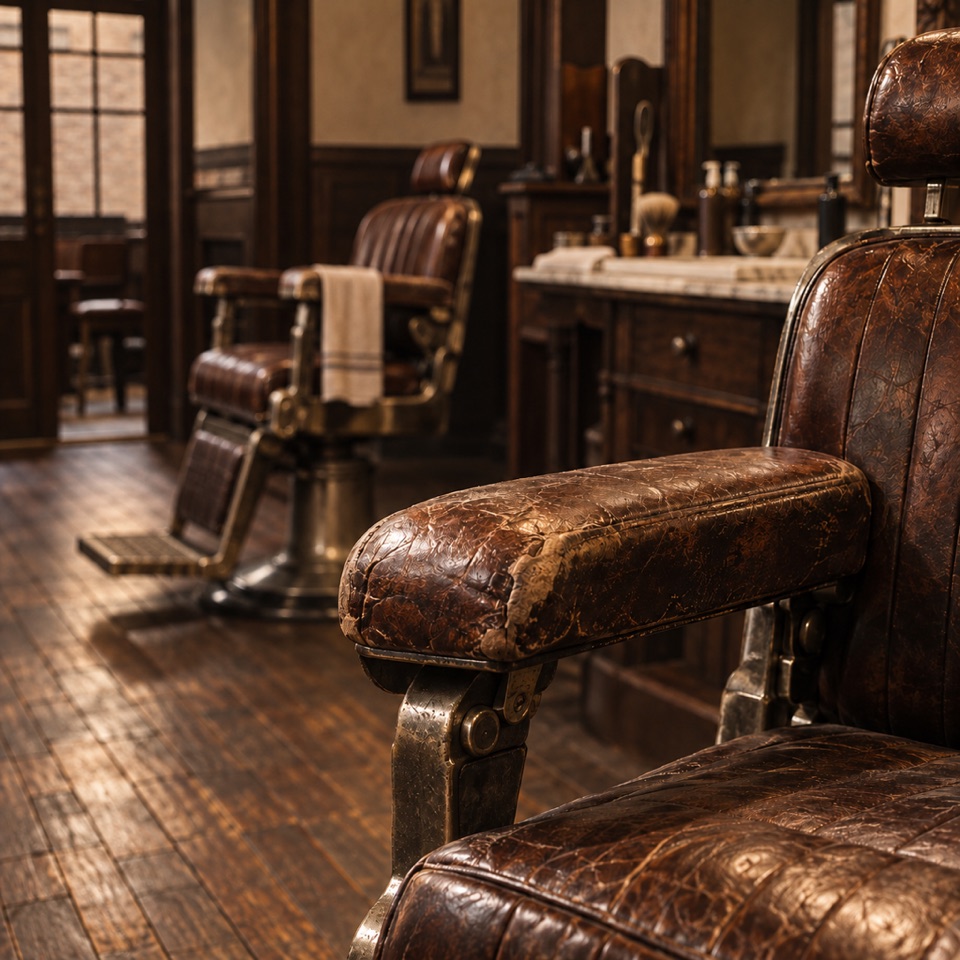 A quiet traditional barbershop interior with a leather chair in sharp foreground.