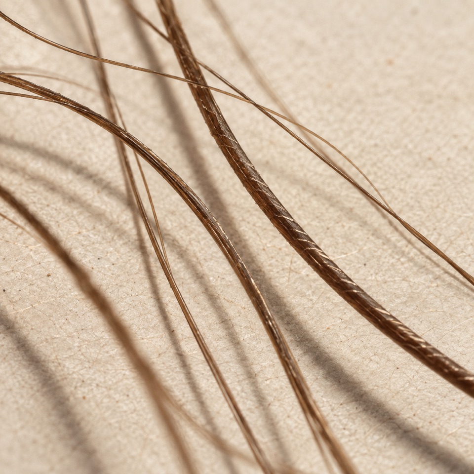 Extreme macro photograph of individual hair strands against a warm pale background.