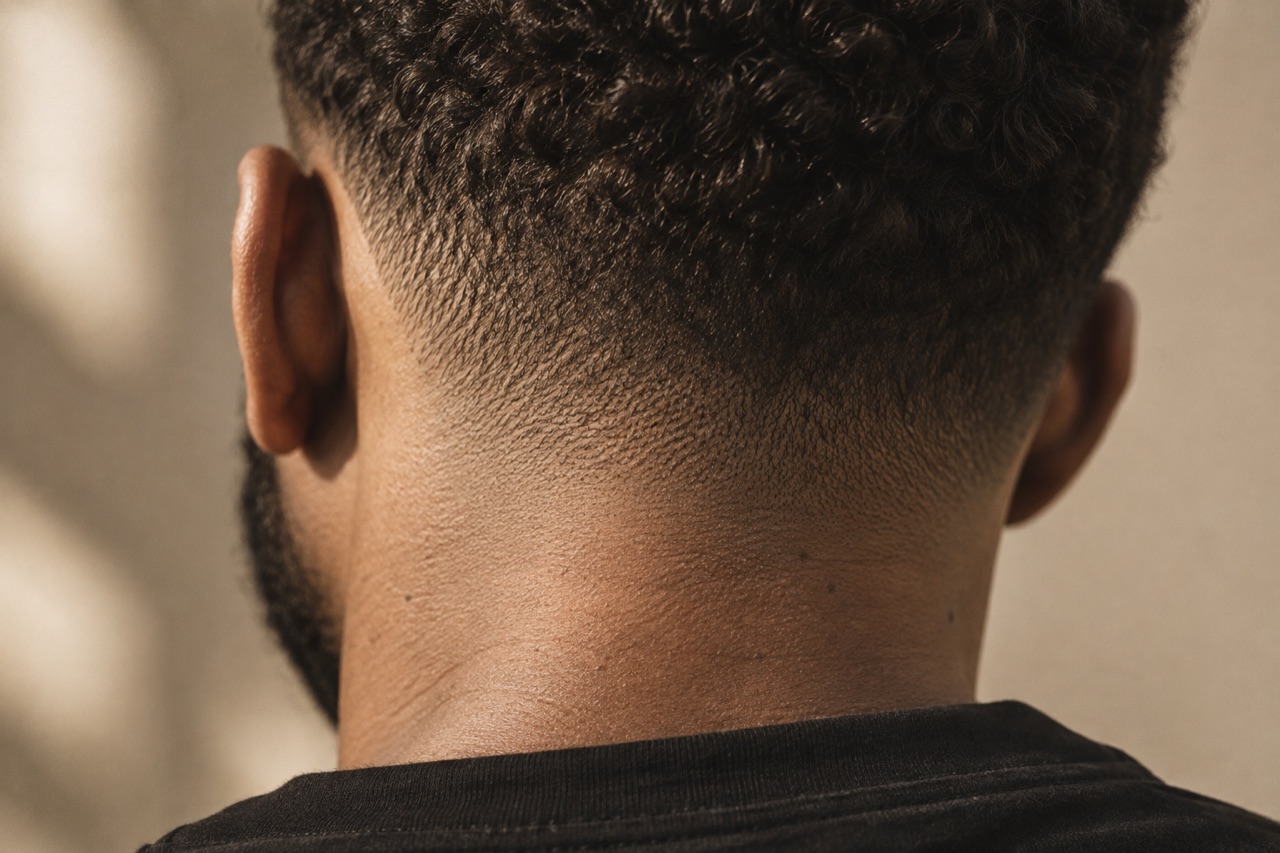 The back of a man's head showing a clean taper at the nape, side light raking across the hair.